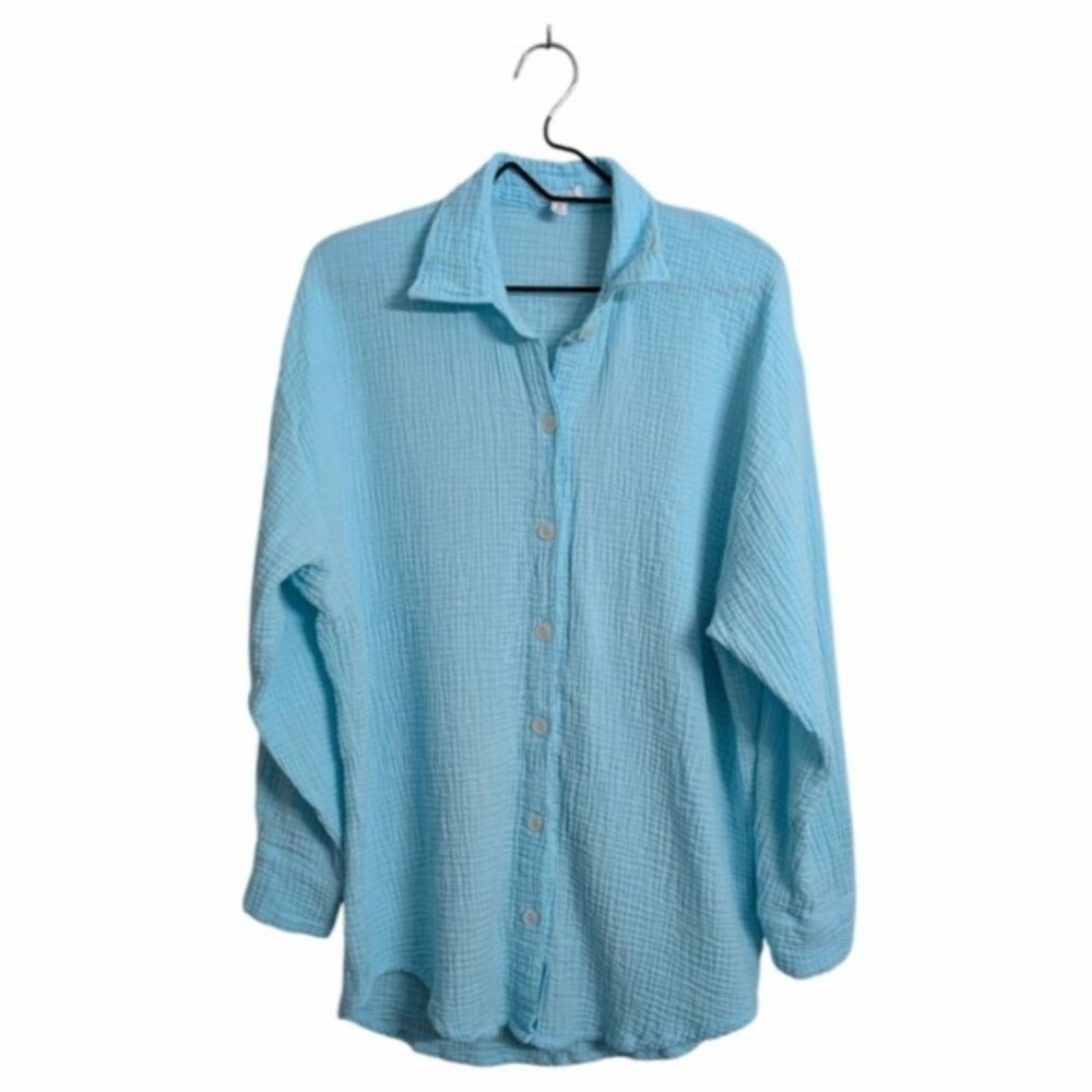 Vitamin A Blue Cotton Gauze Cover-Up Shirt Size M Long Sleeve Oversized Resort